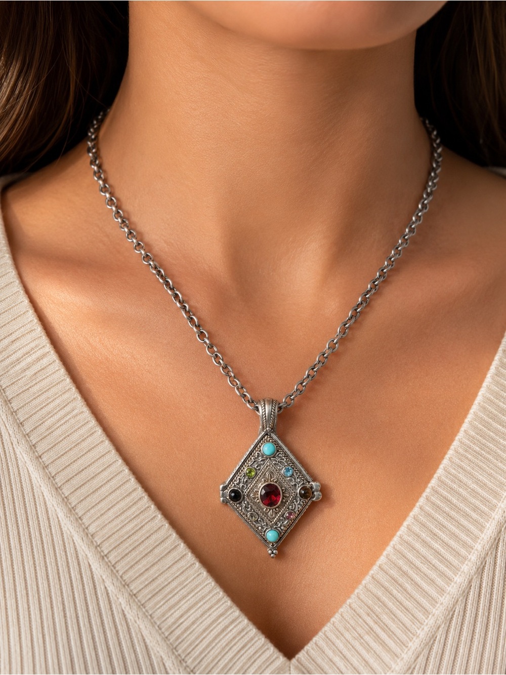 Vintage Style Multistone Silver Pendant Necklace - Turquoise & Red Accents